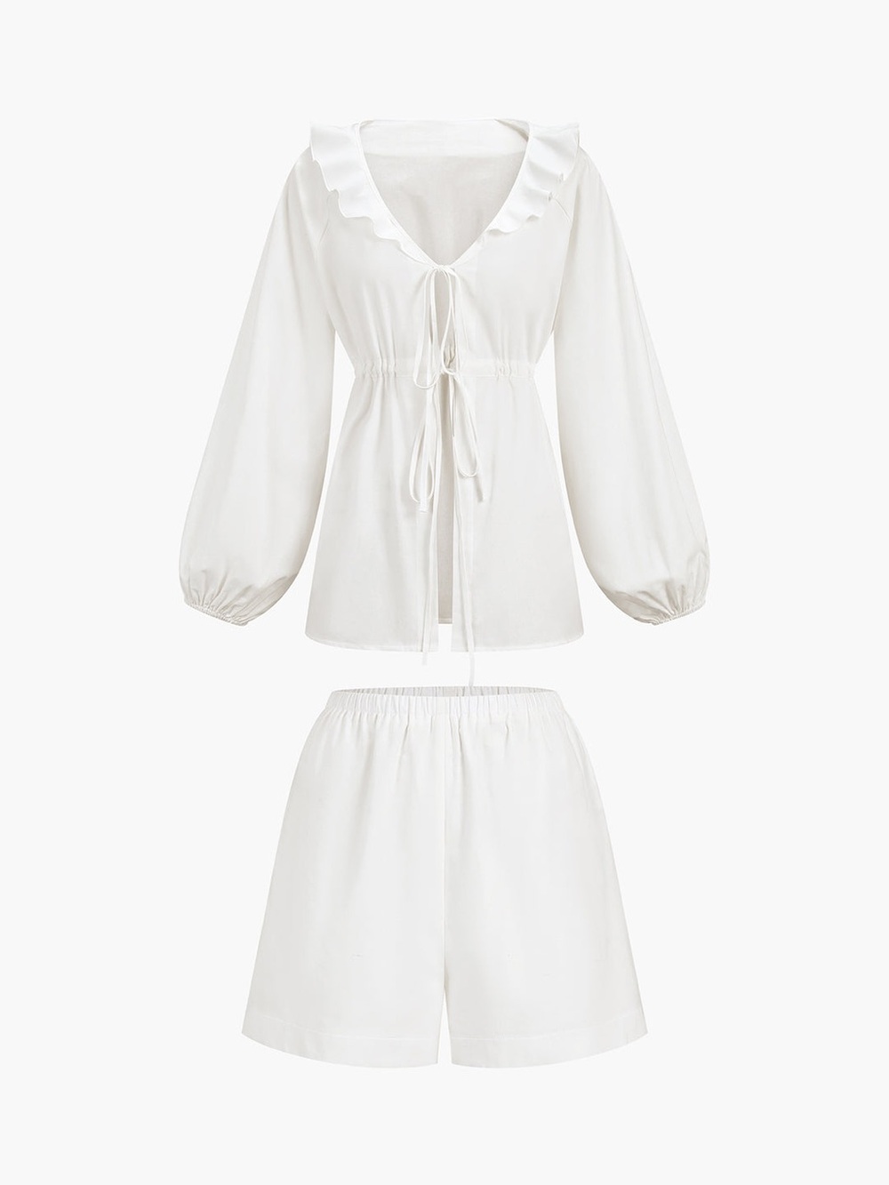 Commense White Ruffled V-Neck Drawstring Blouse Set